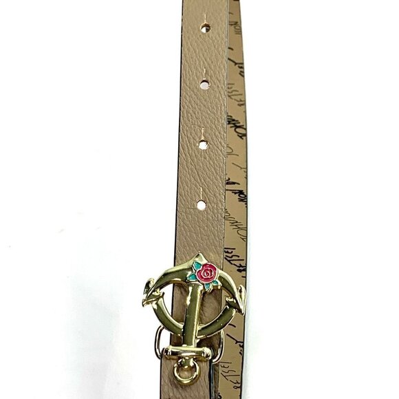 Betsey Johnson Faux Leather Belt With Anchor Rose Prong Clasp Tan/Gold Sz Small - Picture 6 of 6